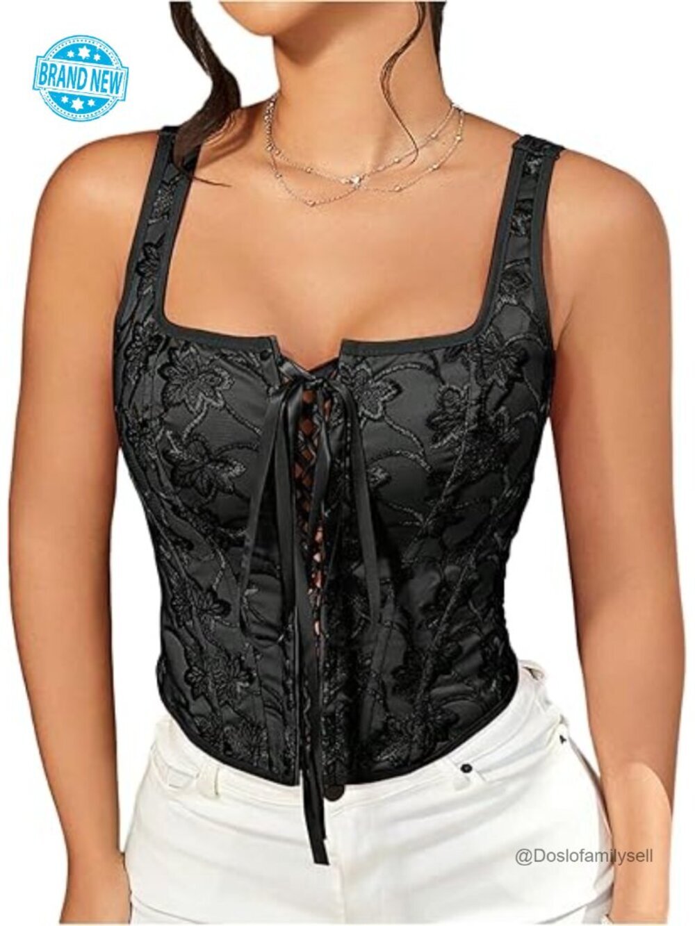 Floral Embroidered Lace Up Square Neck Crop Tank Top